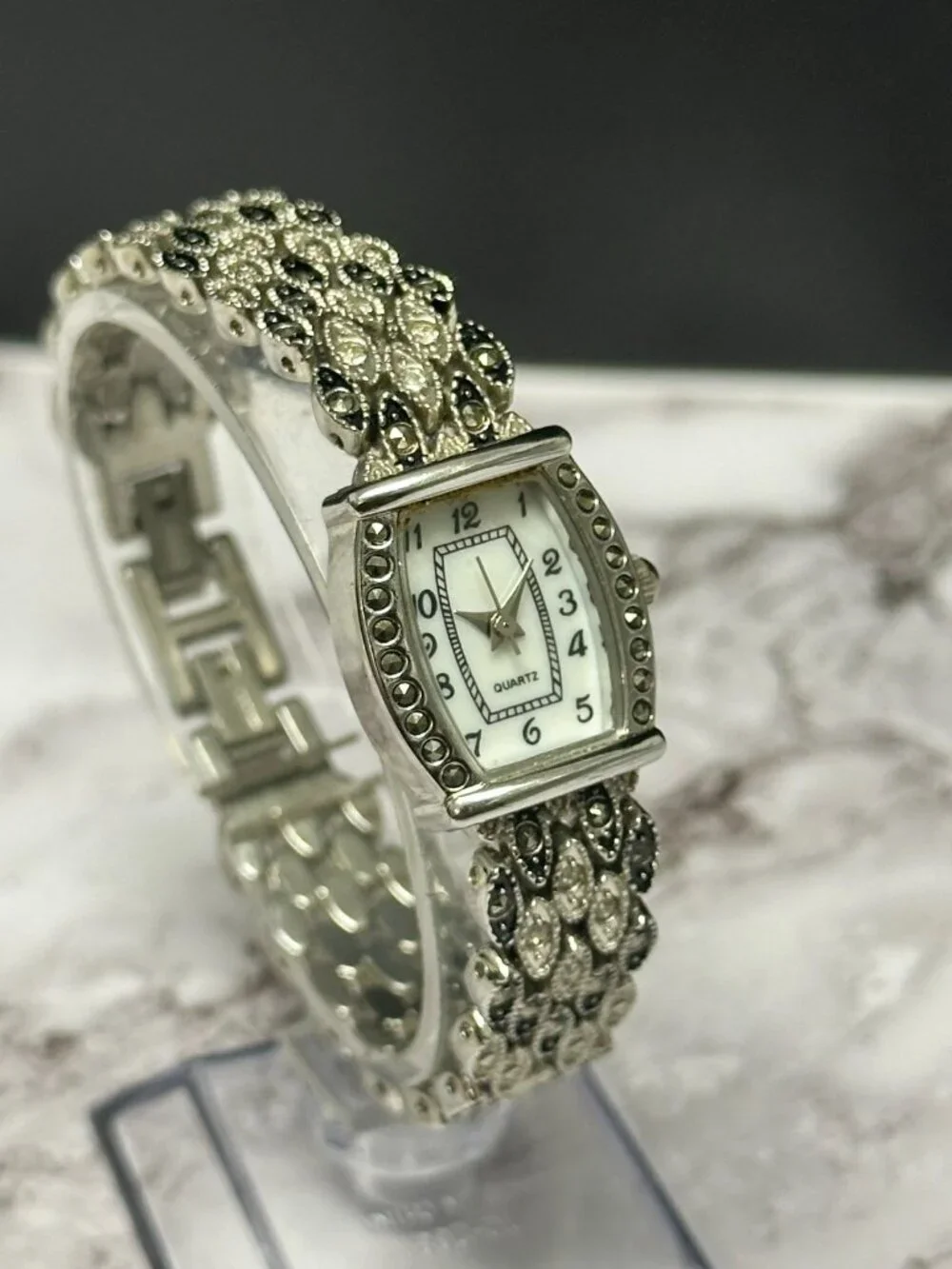 M. Z. Berger Marcasite Watch Silver Tone White Dial Ornate New Battery 7 inch